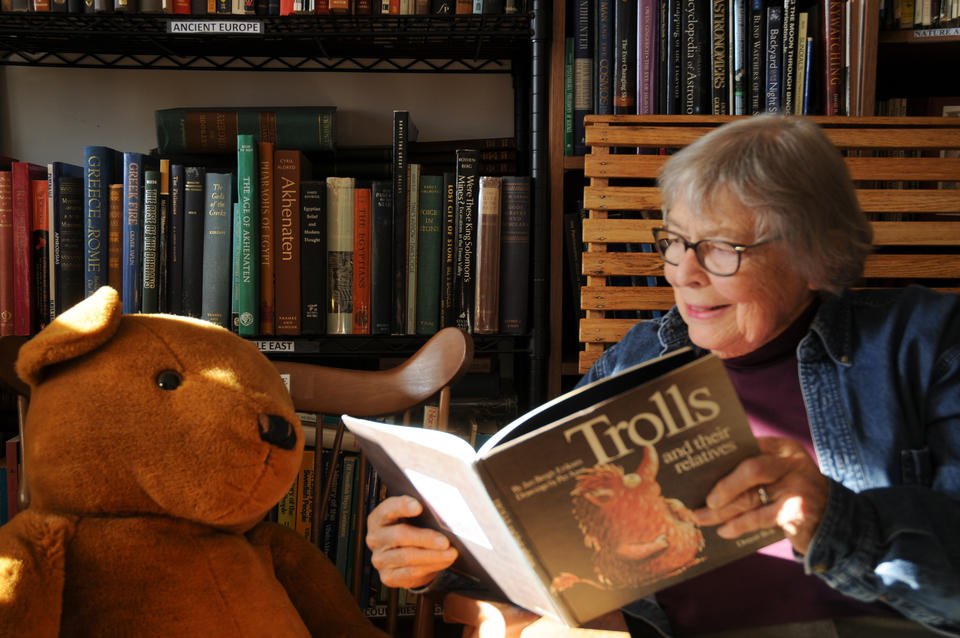 Carol Urness and her bookstore bear