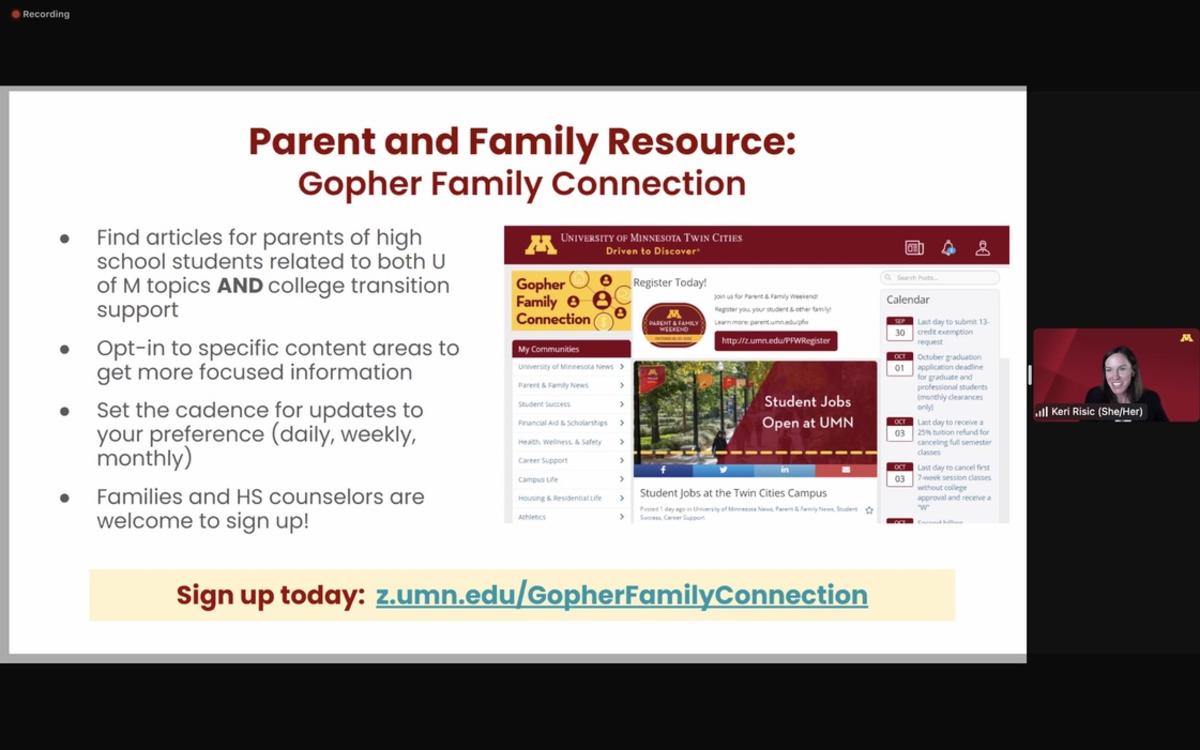 College admissions, Gopher Family Connection, screenshot