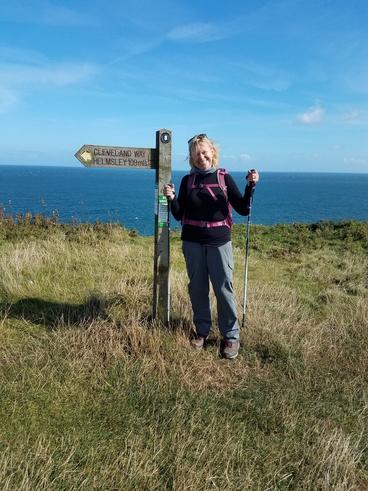 Bev Moe at the end of the Cleveland Way.
