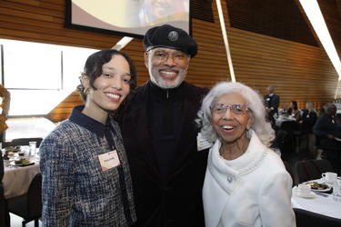 Regent Emerita Josie Johnson with granddaughter Rosa Duffy and Professor Emeritus John Wright, March 13, 2023